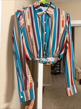 Sterling Krek Striped Button-Up Blouse in Teal & Rust